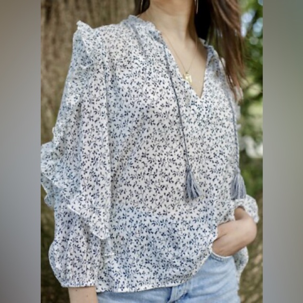 Ulla Johnson Navy and White Patterned Boho Blouse // Ruffles // Size Small
